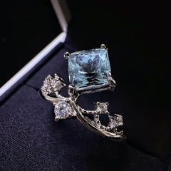 6x6mm Blue Square Aquamarine Ring